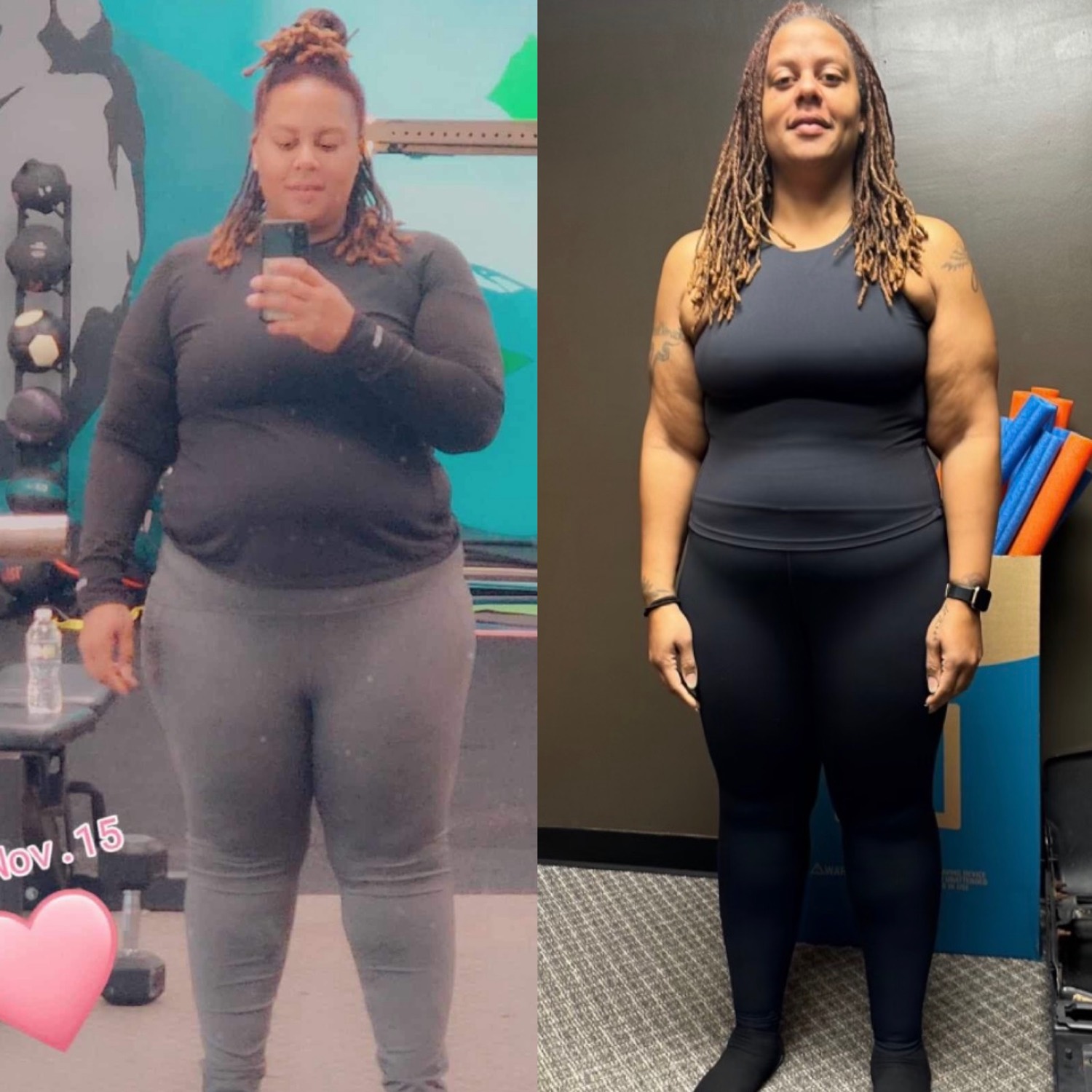 Before and after, front view: a Coach JR client showing clear fat loss and a leaner, stronger frame.