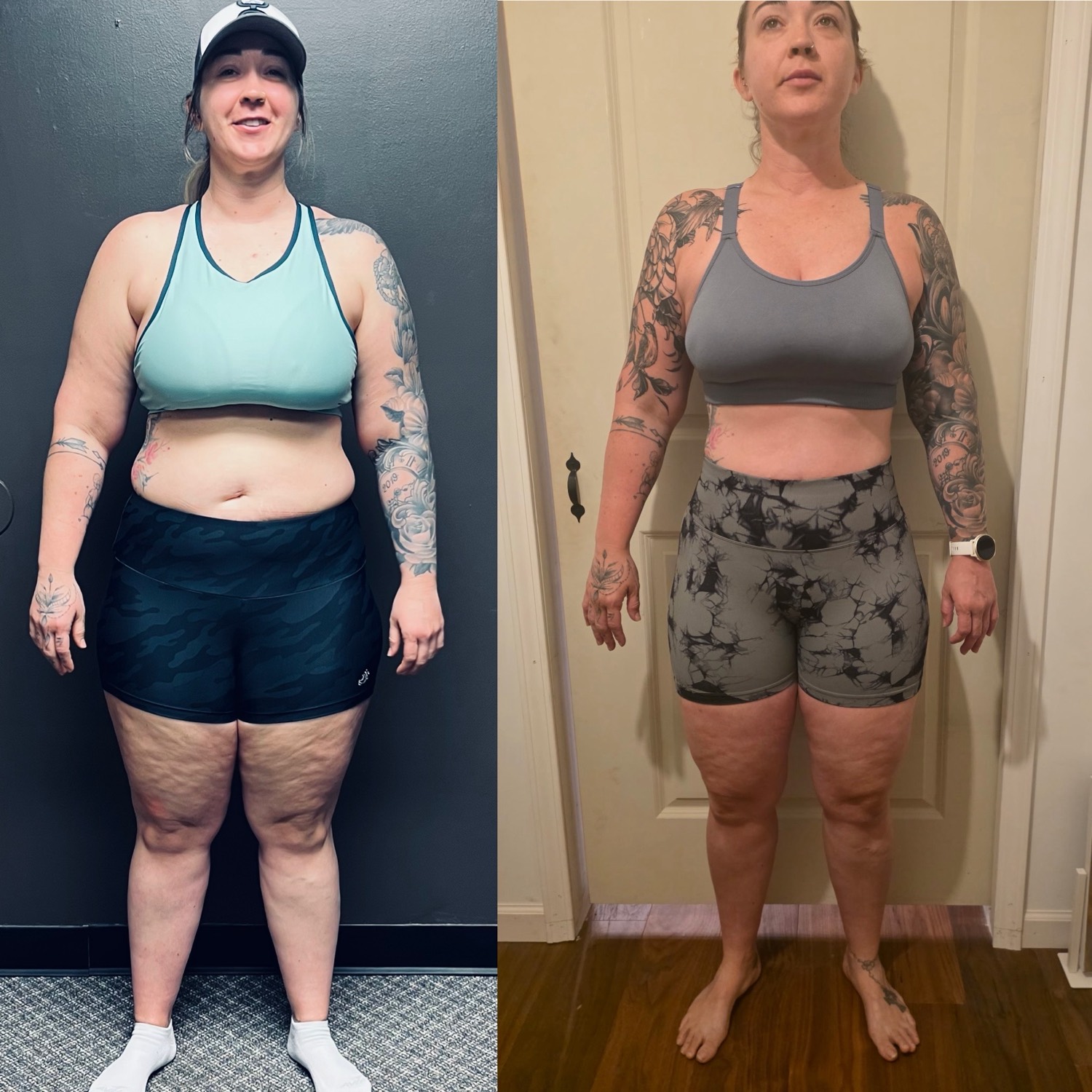 Before and after, front view: a Coach JR client who dropped body fat and added visible muscle tone.