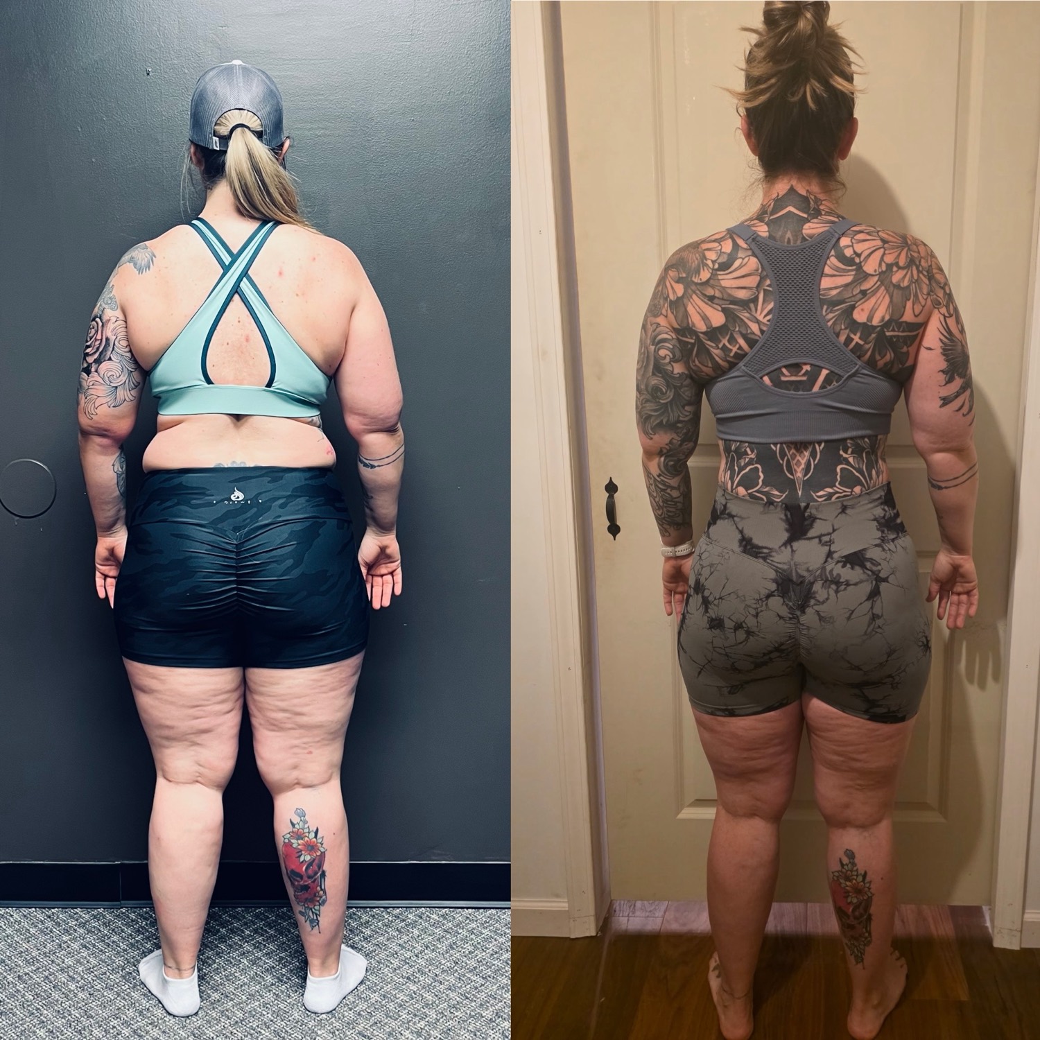 Before and after, back view: a Coach JR client showing clear fat loss and improved muscle definition.