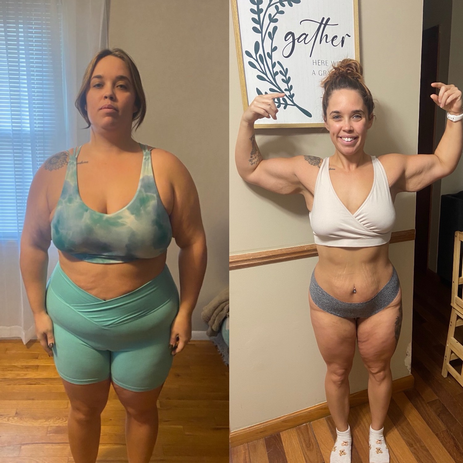 Before and after, front view: a Coach JR client leaner and visibly stronger, flexing in the after photo.